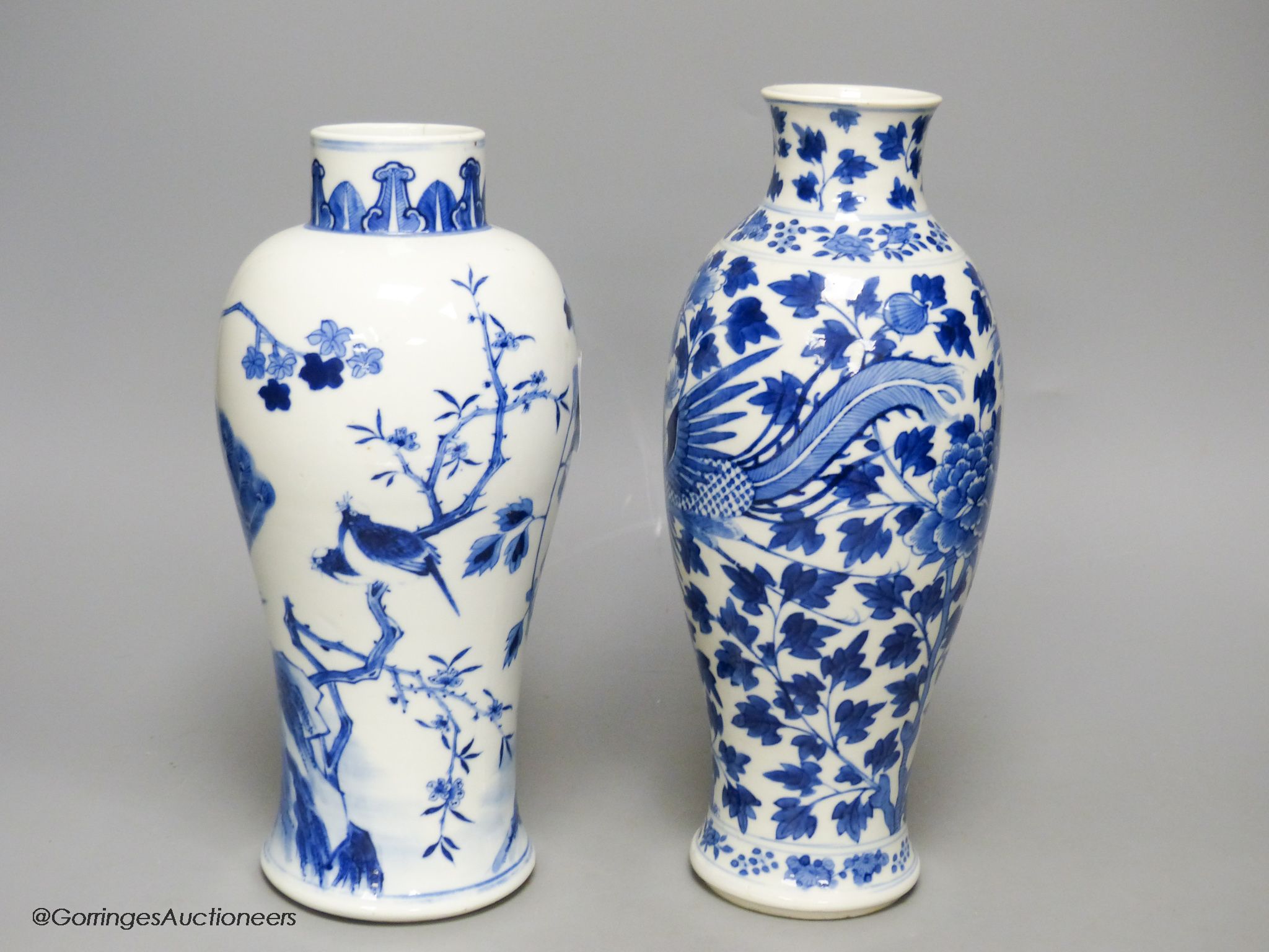 Two 19th century Chinese blue and white vases, decorated with phoenix, tallest 28cm (a.f)
